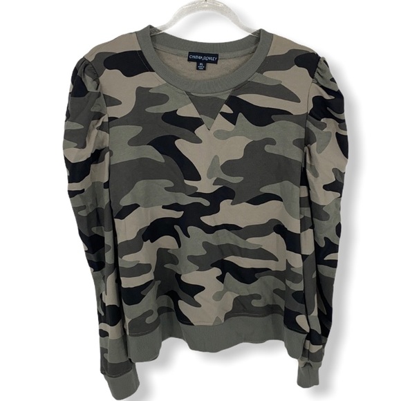Cynthia Rowley Tops - Cynthia Rowley Camo Sweater Top Puff Shoulders XL